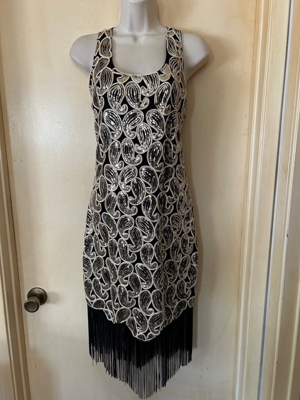 Gold and Black Sequin Fringe Flapper Dress size S